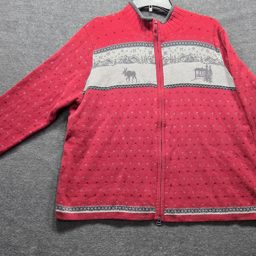 Woolrich Red and Gray Women's Cardigan Sweater XL Lodge Scene